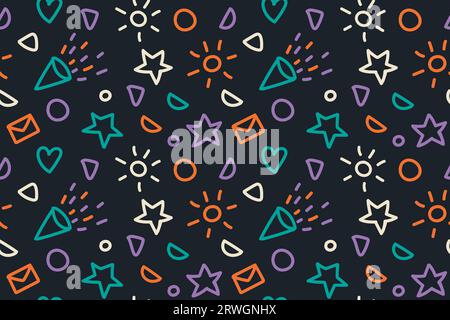 Bright colored squiggle doodle seamless pattern. Creative abstract cute icons style drawing background for children or trendy design with basic shapes Stock Vector