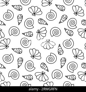 Hand-drawn Seashells seamless vector pattern. Cartoon black sea snails isolated on white background. Doodle shells aquatic Illustration for wallpaper, Stock Vector