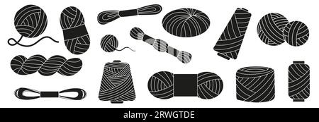 Black yarn. Handmade colorful woolen threads, knit fabric handwork textile. Vector colorful wool spools collection Stock Vector
