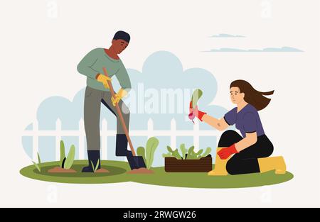 Agricultural employees working in garden with tools Stock Vector