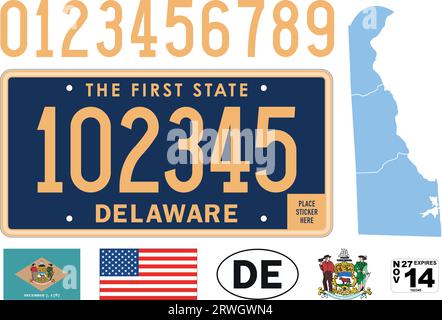 Delaware car license plate pattern, numbers and symbols, vector illustration, USA Stock Vector