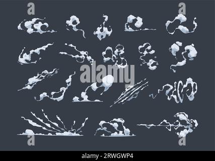 Smoke cartoon effect. Comic steam and dust stream, smoke and fire motion blast game asset, cloud and fluid evaporation graphic. Vector set Stock Vector