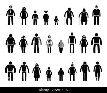 Stick family people. Cartoon muscular and skinny male and female characters, stick family members with different body types and ages. Vector isolated Stock Vector