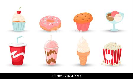 Cartoon fast food. Soda drink, milkshake, popcorn, ice cream, bakery Stock Vector