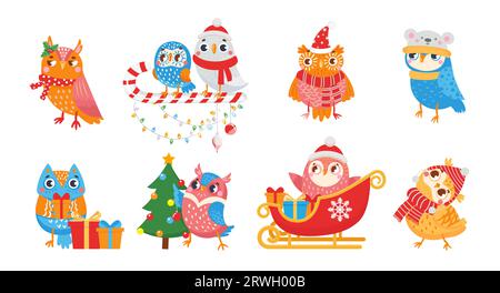 Winter owl. Cute christmas birds of set celebrating Stock Vector