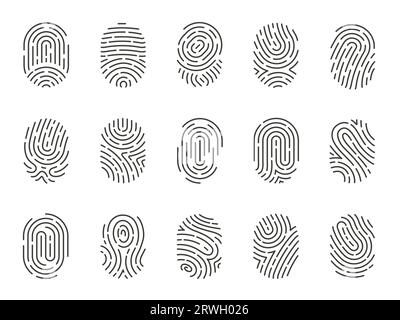 Fingerprint icons. Human thumbprint and finger print icons for security and investigation, biometric id protection and privacy. Vector flat collection Stock Vector