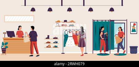 Fashion boutique store interior, clothes and shoes Stock Vector