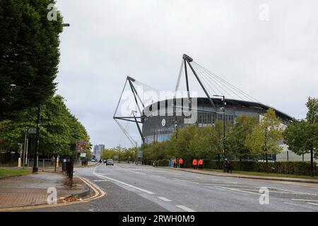 Exterior view of the Etihad Stadium ahead of the UEFA Champions League match Manchester City vs Red Star Belgrade at Etihad Stadium, Manchester, United Kingdom, 19th September 2023  (Photo by Conor Molloy/News Images) Stock Photo