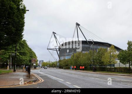 Manchester, UK. 19th Sep, 2023. Exterior view of the Etihad Stadium ahead of the UEFA Champions League match Manchester City vs Red Star Belgrade at Etihad Stadium, Manchester, United Kingdom, 19th September 2023 (Photo by Conor Molloy/News Images) in Manchester, United Kingdom on 9/19/2023. (Photo by Conor Molloy/News Images/Sipa USA) Credit: Sipa USA/Alamy Live News Stock Photo