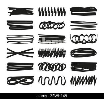 Strike through underlines set in doodles style. Underlines set of lettering lines, brush line vector collection. Brush stroke markers collection Stock Vector