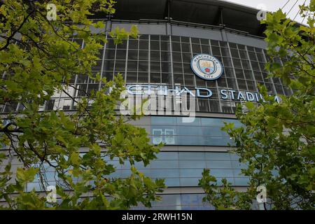 Exterior view of the Etihad Stadium ahead of the UEFA Champions League match Manchester City vs Red Star Belgrade at Etihad Stadium, Manchester, United Kingdom, 19th September 2023  (Photo by Conor Molloy/News Images) Stock Photo
