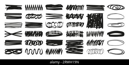 Strike through underlines set in doodles style. Underlines set of lettering lines, brush line vector collection. Brush stroke markers collection Stock Vector