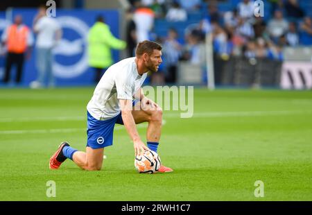 Brighton and Hove Albion v  Newcastle United - Premier League match at the American Express Community Stadium, Brighton. Saturday 2nd September 2023 - Brighton midfielder James Milner warming up before the game - No merchandising. For Football images FA and Premier League restrictions apply inc. no internet/mobile usage without FAPL license - for details contact Football Dataco Stock Photo