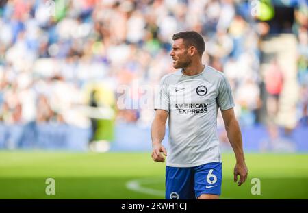 Brighton and Hove Albion v  Newcastle United - Premier League match at the American Express Community Stadium, Brighton. Saturday 2nd September 2023 - Brighton midfielder James Milner warming up before the game - No merchandising. For Football images FA and Premier League restrictions apply inc. no internet/mobile usage without FAPL license - for details contact Football Dataco Stock Photo