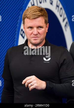 Brighton and Hove Albion v  Newcastle United - Premier League match at the American Express Community Stadium, Brighton. Saturday 2nd September 2023 - Newcastle manager Eddie Howe before kick off -       No merchandising. For Football images FA and Premier League restrictions apply inc. no internet/mobile usage without FAPL license - for details contact Football Dataco Stock Photo