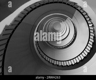 spiral staicase like a snail with perfect propotions of Golden Ratio in black and white Stock Photo