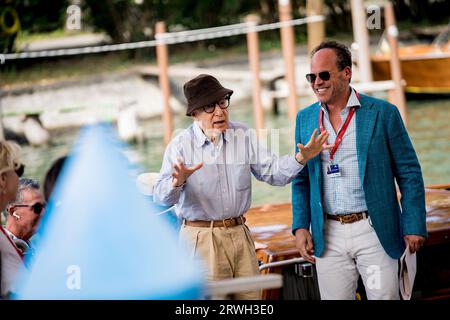 VENICE, ITALY - SEPTEMBER 4: Woody Allen arrives at the Hotel Excelsior pier for the 80th Venice International Film Festival 2023 on September 05, 202 Stock Photo