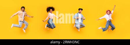 Emotional teen students jumping up high in the air isolated on yellow studio background, panorama Stock Photo
