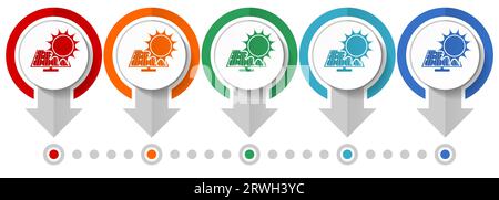 Sun over solar panel vector icon set, flat design infographic template, set pointer concept icons in 5 color options for webdesign and mobile applicat Stock Vector