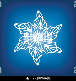 White template snowflake on blue background. Isolated snowflakes icon. Empty paper shape. Winter cartoon flat illustration. Geometric hexagonal Stock Vector