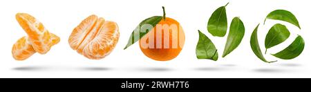 Set of ripe tangerines and their leaves of different cutting methods on a white isolated background. Tangerines cut in different ways hang or fall Stock Photo