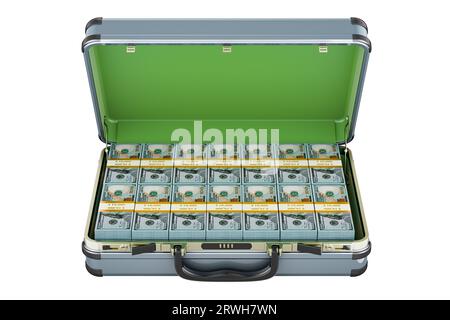 Opened metal hard case full of dollar packs, front view. Silver Aluminum Briefcase with dollar bills. 3D rendering isolated on white background Stock Photo