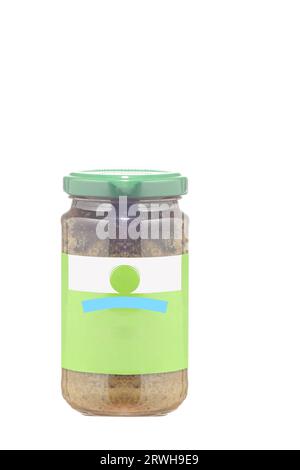 Glass jar of pesto alla genovese isolated on white. Basil and pine nut sauce and olive oil Stock Photo