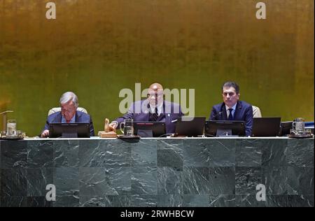 (230919) -- UNITED NATIONS, Sept. 19, 2023 (Xinhua) -- Dennis Francis (C), president of the 78th session of the UN General Assembly, strikes his gavel to signal the start of the General Debate of the 78th session of the UN General Assembly at the UN headquarters in New York, on Sept. 19, 2023. The General Debate of the 78th session of the United Nations General Assembly opened at the UN headquarters in New York on Tuesday, focusing on restoring global trust and solidarity in current challenging time. (Xinhua/Li Rui) Stock Photo