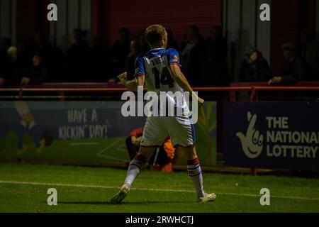 Hartepool, County Durham, UK. 27th Oct 2020. Lewis Cass of Hartlepool United  in action with Altrincham's Yusifu Ceesay during the Vanarama National  League match between Hartlepool United and Altrincham at Victoria Park