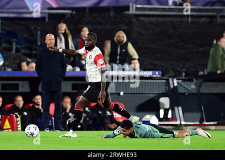 ROTTERDAM - (l-r) Lutsharel Geertruida of Feyenoord, Luis Palma of Celtic during the UEFA Champions League match between Feyenoord and Celtic FC at Feyenoord Stadion de Kuip on September 19, 2023 in Rotterdam, Netherlands. ANP OLAF KRAAK Stock Photo