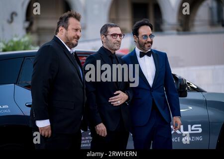 VENICE, ITALY - SEPTEMBER 05:  Giorgio Montanini and Matteo Branciamore attend a red carpet for the movie 'Enea' at the 80th Venice International Film Stock Photo