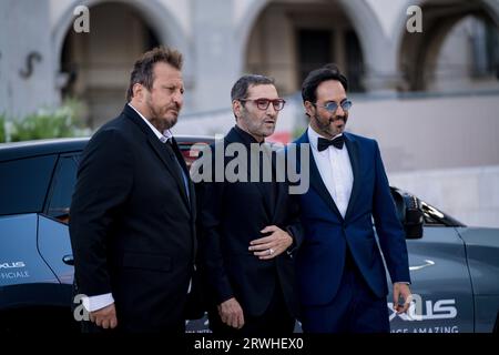 VENICE, ITALY - SEPTEMBER 05:  Giorgio Montanini and Matteo Branciamore attend a red carpet for the movie 'Enea' at the 80th Venice International Film Stock Photo