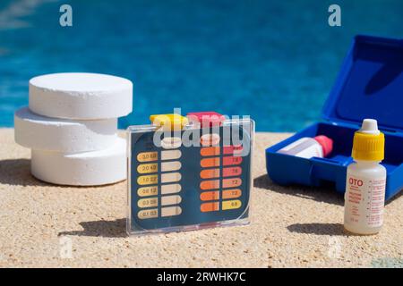 Complete kit for pH and chlorine levels analysis of pool water. Swim hygiene concept. Stock Photo