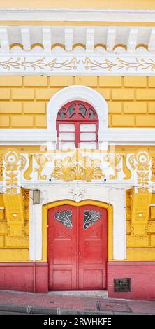 Street view of the facade of an old colonial building, Quito, Ecuador. Stock Photo