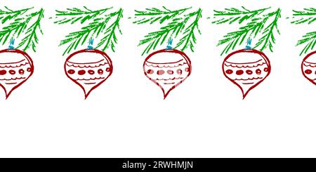 New Year's seamless border. Christmas tree branches with decorations. Drawings with wax crayons. Vector design for paper and other use Stock Vector
