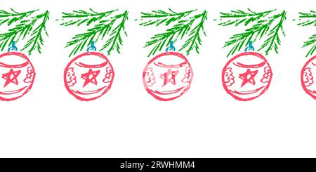 New Year's seamless border. Christmas tree branches with decorations. Drawings with wax crayons. Vector design Stock Vector