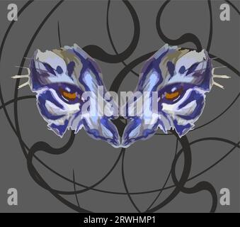 Hand drawn tiger eyes like a buttefly wings on dark background. Grunge tiger motif in blue-gray tonality for tattoos, graphics on the vehicle, labels Stock Photo