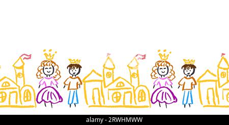 Castle, royal family. Childish seamless border. Drawings with wax crayons. Vector design for paper, cover, fabric, interior decor and other use Stock Vector