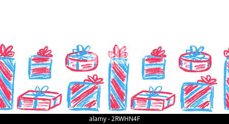 Seamless border. Gifts, present. Drawings with wax crayons. Vector design for paper, cover, fabric and other use Stock Vector