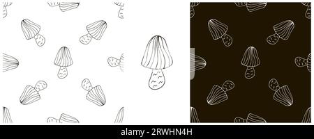 Monochrome. Striped Fairy mushroom. Set Seamless pattern for kitchen, restaurant Stock Vector