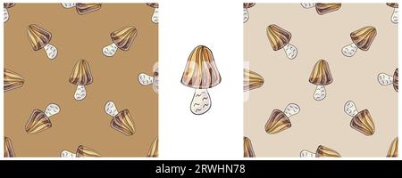 Illustration in hand draw style. Striped Fairy mushroom. Set Seamless pattern for kitchen, restaurant Stock Vector