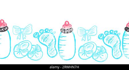 Newborn, baby things. Childish seamless border. Drawings with wax crayons. Vector design for paper, cover, fabric and other use Stock Vector