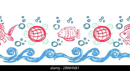 Waves, fish and marine life. Childish seamless border. Drawings with wax crayons. Vector design for paper, cover and other use Stock Vector