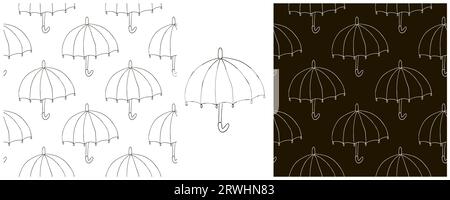 Monochrome Seamless pattern with umbrellas. Bright autumn mood. Set Illustration in hand draw style Stock Vector