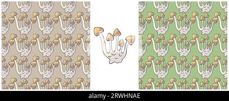 Illustration in hand draw style. Honey mushrooms. Set Seamless pattern for kitchen, restaurant or shop. Can be used for fabric Stock Vector