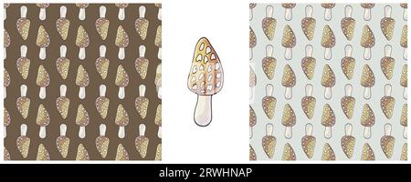 Morchella esculenta. Illustration in hand draw style. Set Seamless pattern for kitchen or shop Stock Vector