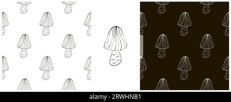 Monochrome. Striped Fairy mushroom. Set Seamless pattern for kitchen, restaurant or shop. Can be used for fabric and etc Stock Vector