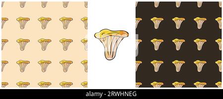 Seamless pattern with forest mushrooms. Set Illustration in hand draw style. Chanterelles Stock Vector