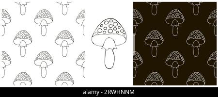 Amanitas. Monochrome Set Seamless pattern with forest mushrooms. Amanitas Stock Vector