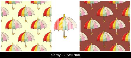 Seamless pattern with umbrellas. Bright autumn mood. Set Illustration in hand draw style Stock Vector